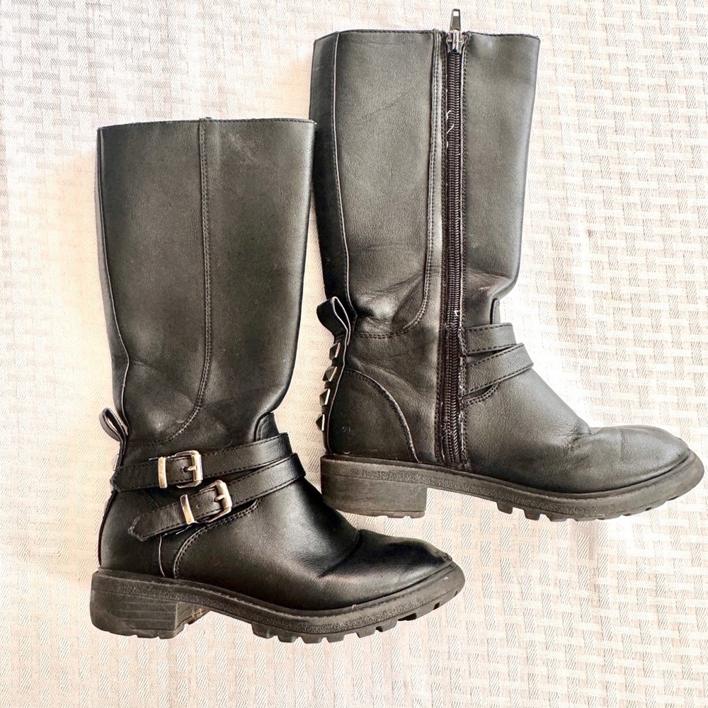 Falls Creek Girls Black Moto Riding Boots Size 12 Buckle Strap‎ Mid Calf